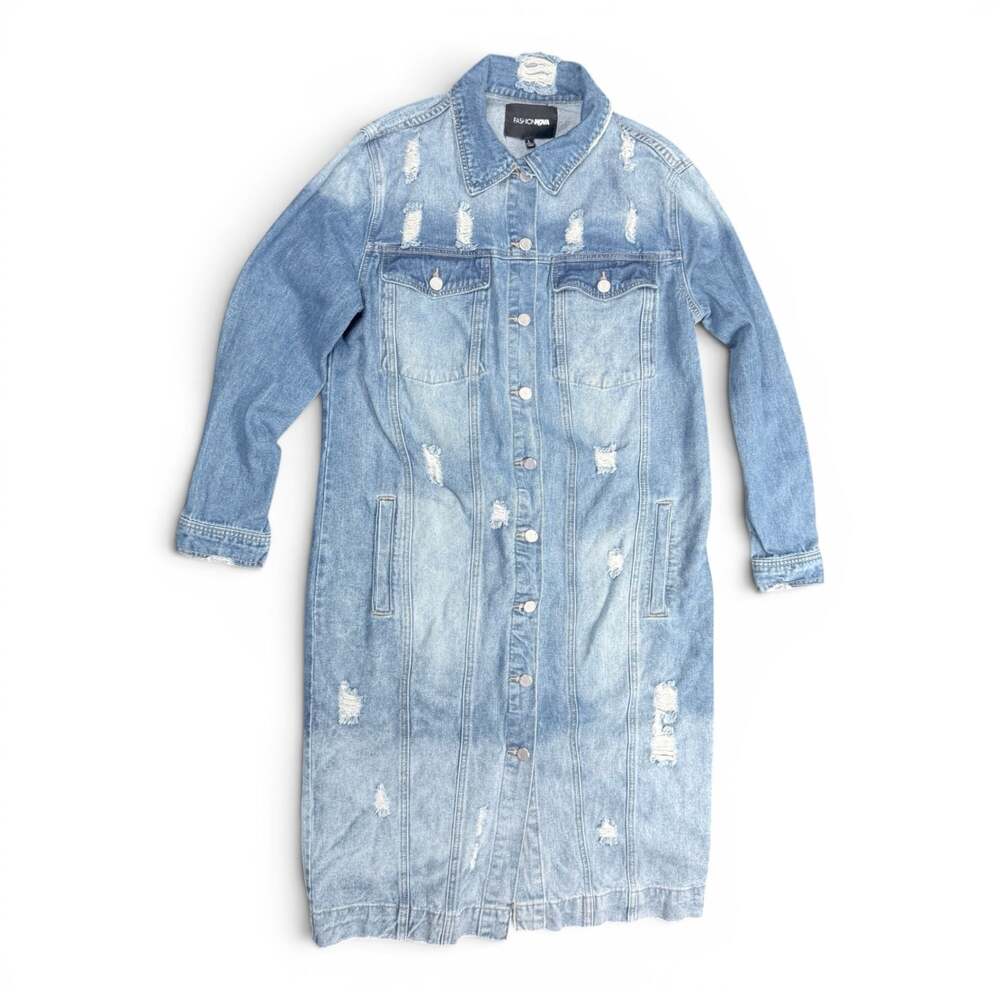 Fashion Nova Long Distressed Denim Jacket Size L - Picture 1 of 4